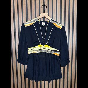 Lauren Moffatt Blouse Small Womens Black 100% Silk 3/4 Sleeve 2 Button Golden